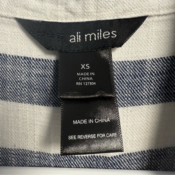 Ali Miles Linen Blend Roll Tab Sleeve Mixed Stripes Button Front Shirt Size XS - Picture 2 of 7
